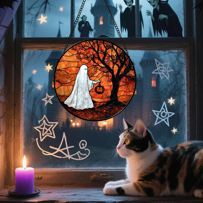 Stained Glass Window Hanging - Halloween Ghost Holding A Pumpkin Lantern Suncatcher for Door Garden Spooky Tree Sun Catchers Gothic Decorations Horror Gifts for Women Men Friend 15 in