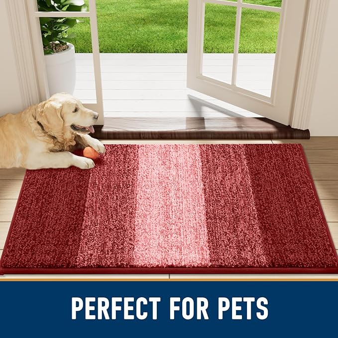 Smiry Dog Door Mat for Muddy Paws, Absorbs Moisture and Dirt, Low-Profile Entryway Mat with Non-Slip Backing, Entry Indoor Outdoor Doormat for Inside Floor (30x17 Inches, Burgundy, Striped)