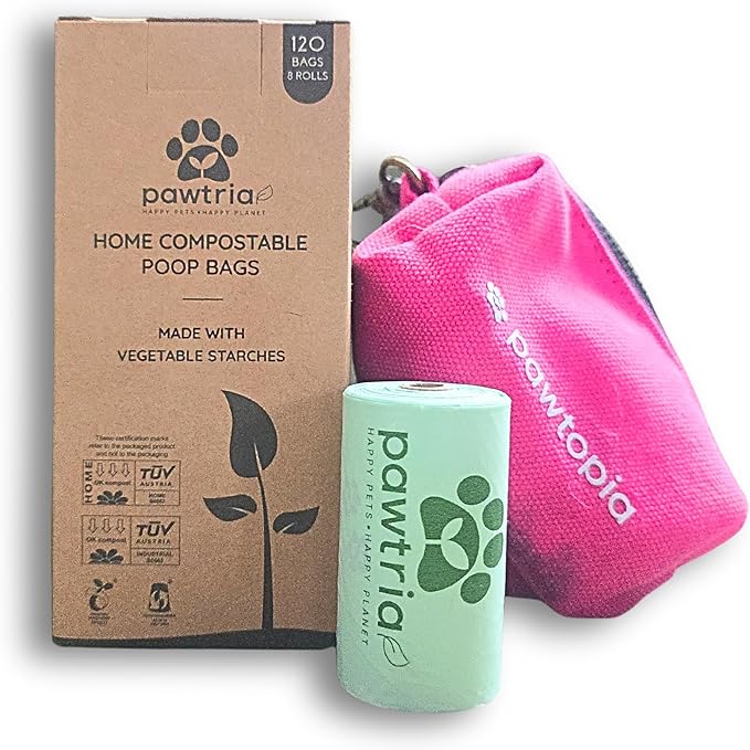 Pawtria Bundle Product of 120 Pet Waste Bags and 1 Canvas Dispenser (Pink), Vegetable Starches, Eco-friendly Dog Waste Bags, Leak proof, Easy to Open, Give Back, Fabric poop bag holder…