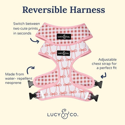 Lucy & Co. Reversible Dog Harness - Water-Repellent Neoprene, Dual-Print Design, Easy Swap Style, Adjustable Comfort Fit - Take a Bow Reversible Harness - X-Large