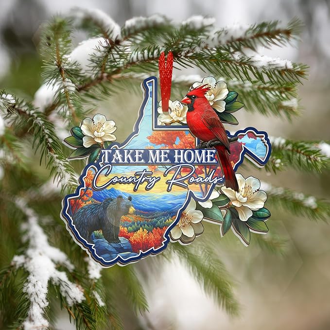 FLAGWIX West Virginia Gifts for Women Men - Suncatcher West Virginia Christmas Ornaments 2025 - Rhododendron Flower and Cardinal Christmas Decorations, State Cardinal Christmas Ornaments for Tree