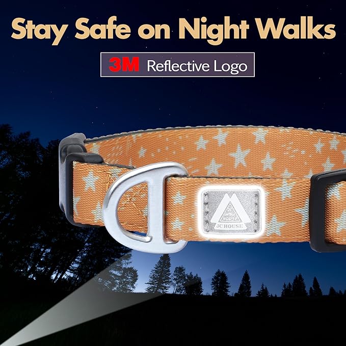 Fall Dog Collar, Cute Star Pattern Brown Collars for Girl & Boy, Reflective,Soft Padded Neoprene,Fully Adjustable,Durable & Lightweight Small Dog Collar, (Star, S)
