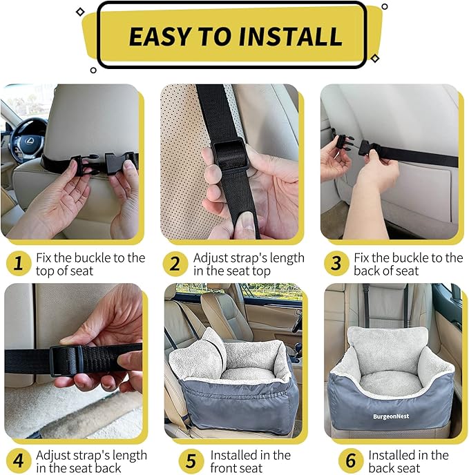 BurgeonNest Dog Car Seat for Small Dogs, Washable Soft Booster Seats for Small Pets Under 25 lbs, Portable Cat Carseat Travel Bed with Storage Pockets and Clip-On Leash, Grey