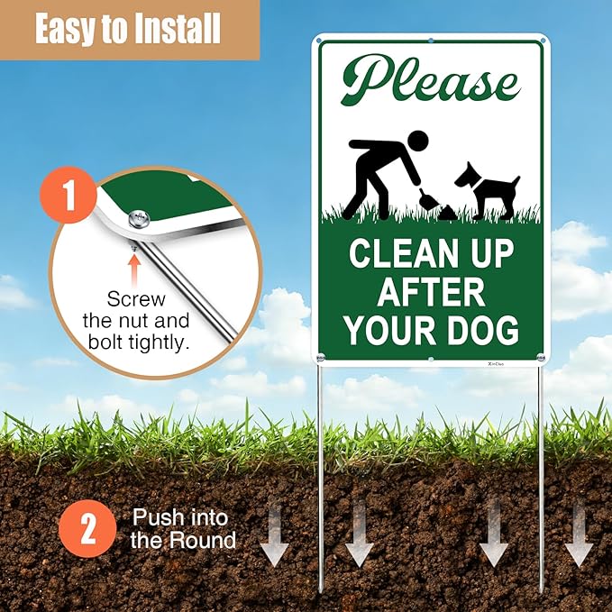 Clean Up After Your Dog Signs, 10x7in Optional Accessory Bundle, Please Pick Up Your Dog Poop, no poop signs for yard Keep Off Grass,4pc,zinclue