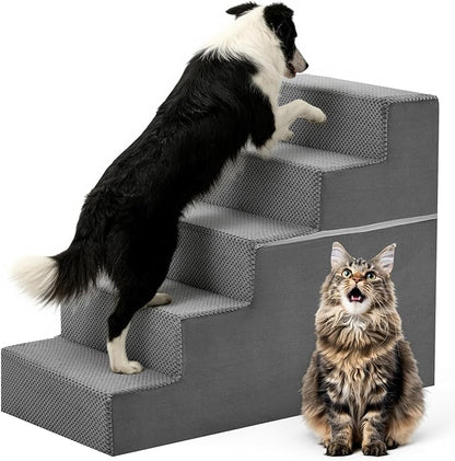 DUMOS Dog Stairs for Medium Dogs, 5-Steps Non-Slip Balanced Extra Wide Indoor Foldable Dog Steps with Density Foam & Washable Cover, Cat Puppy Old Pet Stairs for High Bed, Couch, Sofa - Grey, 27" H