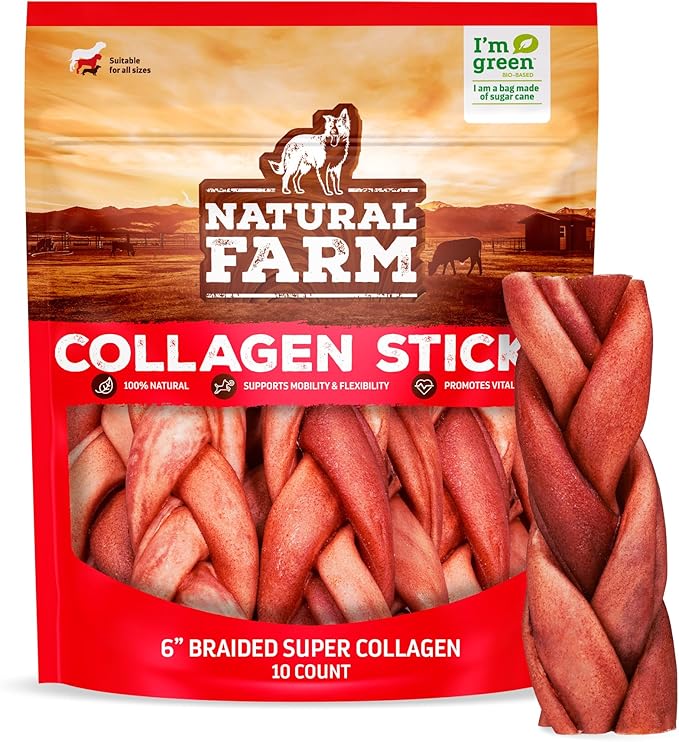 Natural Farm Odor-Free Super Braided Collagen Dog Chews (6-Inch, 10-Pack) First Ever Real Bull Sticks Alternative: 100% Natural Angus Hide Collagen Treats- More Protein More Chew Time for All Dogs