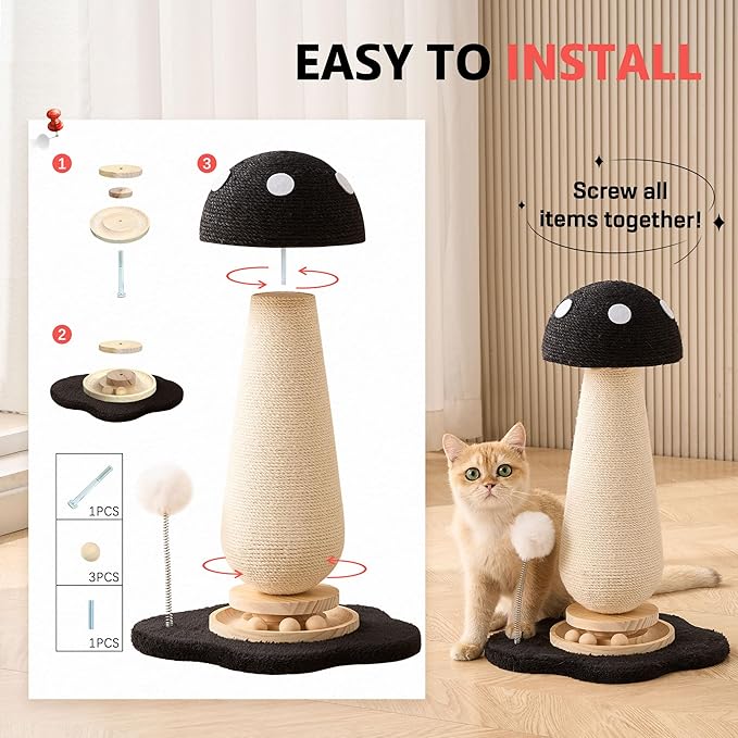 Mushroom Cat Scratching Post Cat Tree, 21.5‘’ H Cute Cat Scratcher Tower with Durable Solid Wood Turntable Toy, Solid Black Mushroom Scratch Post Cat Sisal Scratcher with Catnip for Indoor Cats