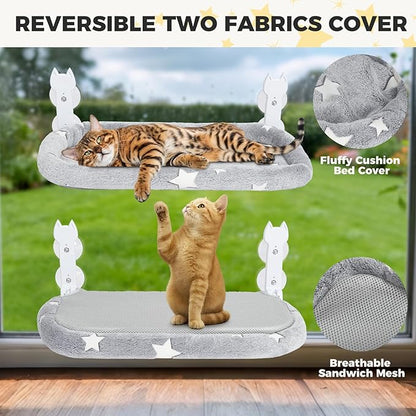 Homimp Cat Window Perch,Cordless Cat Window Hammock for Wall with 4 Strong Suction Cups,Solid Metal Frame and Two Replaceable Covers,Foldable Cats Bed for Large Cats and Kittens,Indoor Pet Seat,Grey L