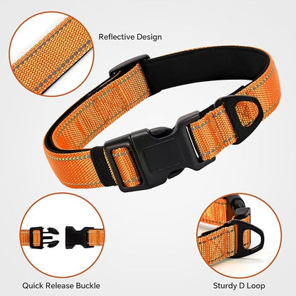 Reflective Dog Collar with Quick Release Buckle - Metal Ring - Adjustable Soft Neoprene Padded Basic Dog Collar for Small Medium Large Dogs (Orange, Medium :Width 1",Neck 13.8-19.6")