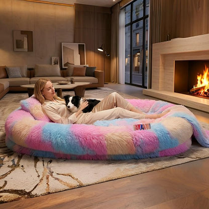 Human Dog Bed, Oversized Plush Lounger Bed with Plump Pillow and Blanket | 71" x 45" x 12" Long Plush Polyester Floor Nest for Relaxing, Napping, Reading, and Family Cuddle Time - Multicolor