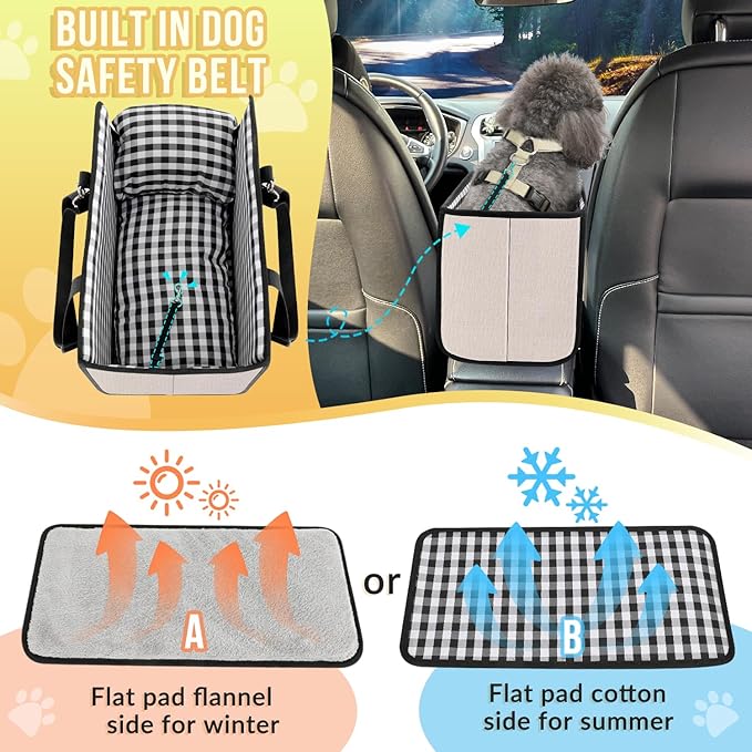 SlowTon Console Dog Car Seat - Portable Dogs Armrest Booster Seat for Small Dog, Anti-Collapse Pet Car Seat with Soft Cushion Safety Belt, Support Pet Up to 11lbs (Beige)