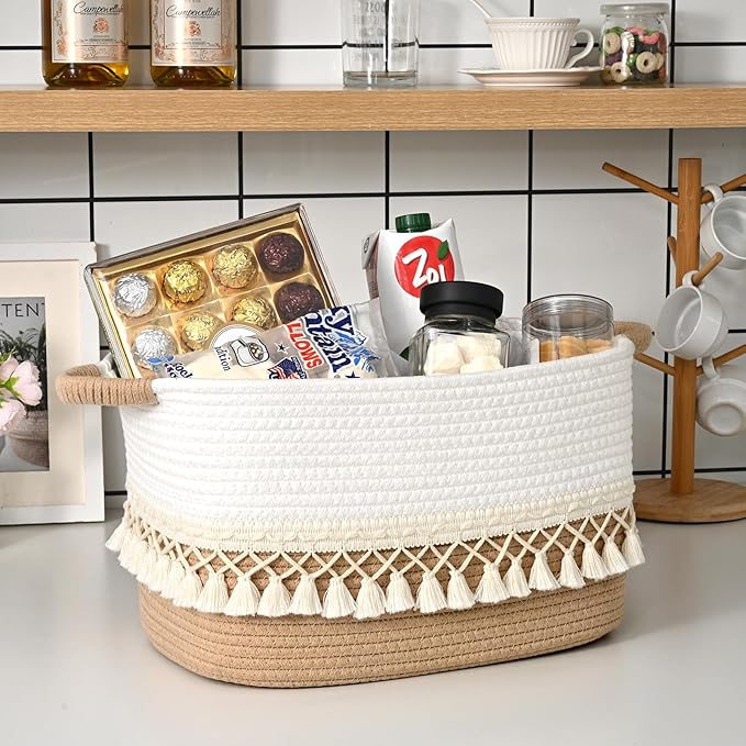 6 Pack Storage Basket for Shelves, Boho Cotton Rope Storage Bins with Heavy Tassel, Shelf Baskets Large Woven Baskets for Organizing, Cube Organizer Bins, Baby Laundry Basket for Clothes, Toys, Pets