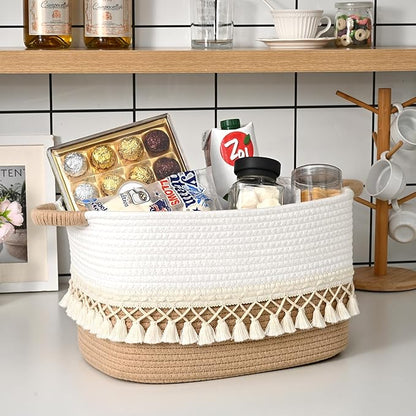 6 Pack Storage Basket for Shelves, Boho Cotton Rope Storage Bins with Heavy Tassel, Shelf Baskets Large Woven Baskets for Organizing, Cube Organizer Bins, Baby Laundry Basket for Clothes, Toys, Pets