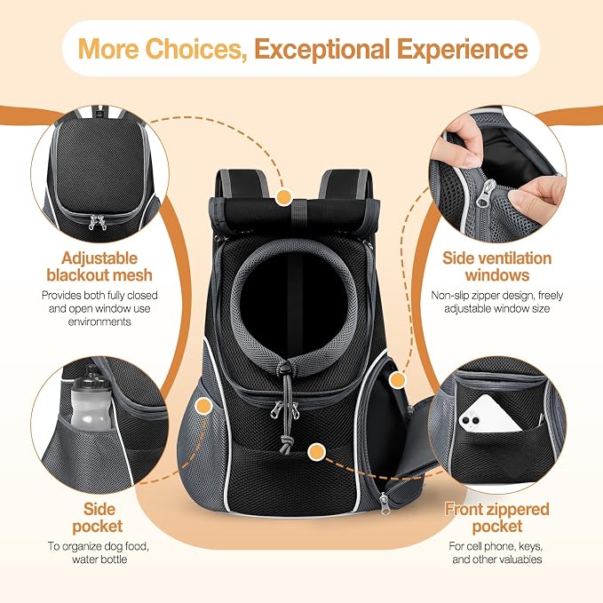 YUDODO Dog Front Carrier Backpack, Top & Side Windows Dog Backpack | Sunshade Hood, Ventilated, Safety Belt, Breathable, Lightweight, Reflective Strip, Pocket Storage, Adjustable, Black Pro, L