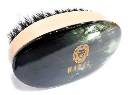 Man & Mane Premium Handmade Oxhorn & Beechwood Military Style Medium Stiff Natural Boar Bristle Men’s Hair Brush for Facial Hair & Beard Care