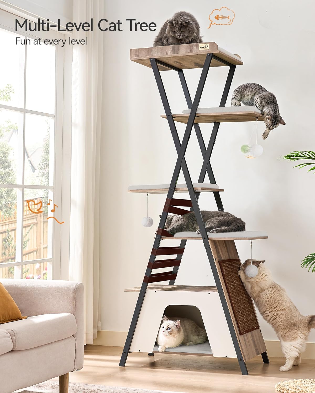 FourFurPets 72.4" Cat Tree, Modern Cat Tower for Indoor Cats, Multi-Level Cat Condo with Caves, Tall Cat Tree with Cat Scratching Board, Wooden Cat Tower with Large Perch, Removable Pads, Camel Brown