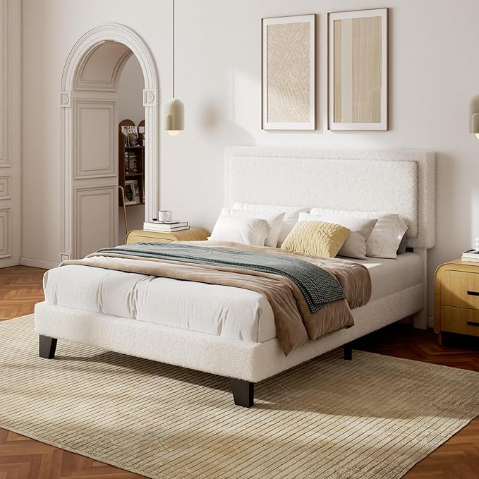 Full Bed Frame, Boucle Platform Bed with Adjustable Upholstered Headboard, No Box Spring Needed, Easy Assembly, White