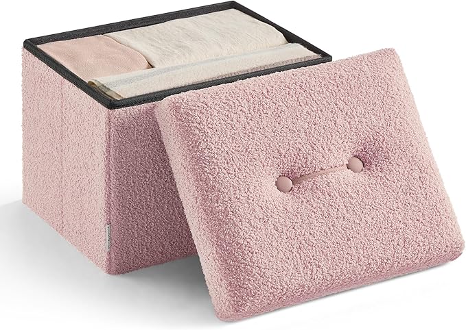 SONGMICS Small Folding Storage Ottoman, Foot Rest Stool, 12.2 x 16.1 x 12.2 Inches, Ottoman with Storage, Load up to 286 lb, for Living Room, Bedroom, Dorm, Jelly Pink ULSF094R01