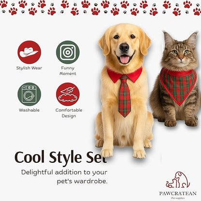 Red Plaid Pet Scarf & Tie Set – Adjustable Holiday Collar Accessory (Red Tie & Scarf Set, Medium)