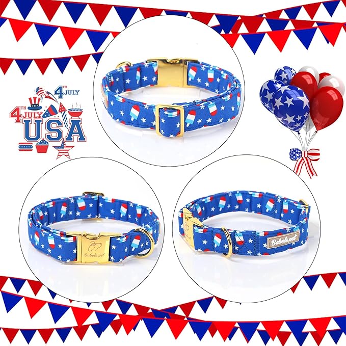 4th of July Dog Collar, Blue Flag Popsicle Patriotic Pet Collar with Metal Buckel, Adjustable Summer Holiday Dog Collars for Small Medium Large Dogs S