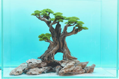 Fish Tank Decor- Bonsai Tree of The Forest with Faux Moss- Aquarium Decoration Aquascaping- Made of Sandstone, 8.8 x 4.3 x 7.8 inches