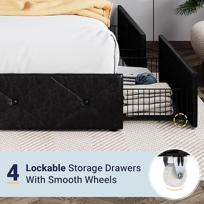 Allewie Upholstered Full Size Platform Bed Frame with 4 Storage Drawers and Headboard, Diamond Stitched Button Tufted, Mattress Foundation with Wooden Slats Support, No Box Spring Needed, Black
