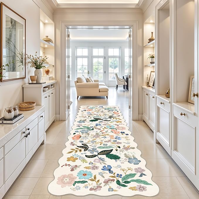 Hallway 4x10 Washable Area Rugs: Indoor Floral Scalloped Rug for Kitchen Entryway Farmhouse Nursery Bathroom Soft Carpet with Non Slip Backing Water Resistant Thin Laudry Floor Mat (4x10,Cream)