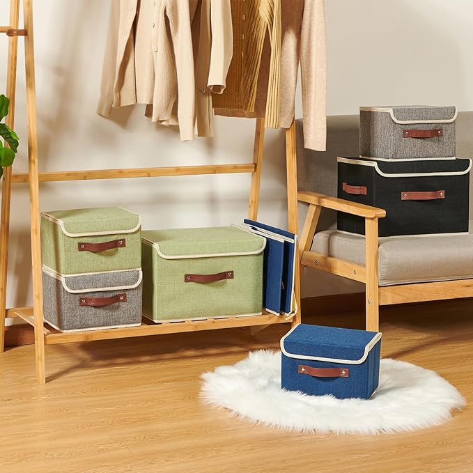 Storage Boxes with Lid Cotton Linen Fabric Storage Bins Organizer Container Decorative Collapsible Washable Shelf Baskets Faux Leather Handles for Home Bedroom Closet (Deep Blue, Large)