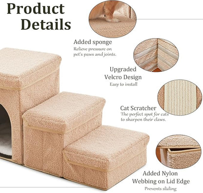 Dog Stairs for Small Dogs with Storage and Condo,Foldable Pet Stairs for Small Medium or Puppy Dogs and Older Cats, Dog Steps for Bed or Couch(Beige,13" H)