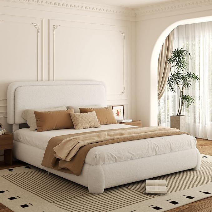Queen Bed Frame, Teddy Velvet Boucle Bed Frame with 43.3"/45.3" Adjustable Upholstered Headboard, Rounded Corners, Mattress Foundation, No Box Spring Required, White