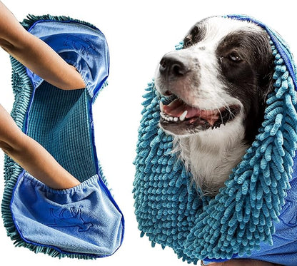 Tuff Pupper Quick Dry Towel for Dogs | Ultra Absorbent Microfiber Shammy | Extra Large 35x15 Size Dog Bath Towel | Comfortable Hand Pockets | Indoor Outdoor Use | Durable Material | Machine Washable