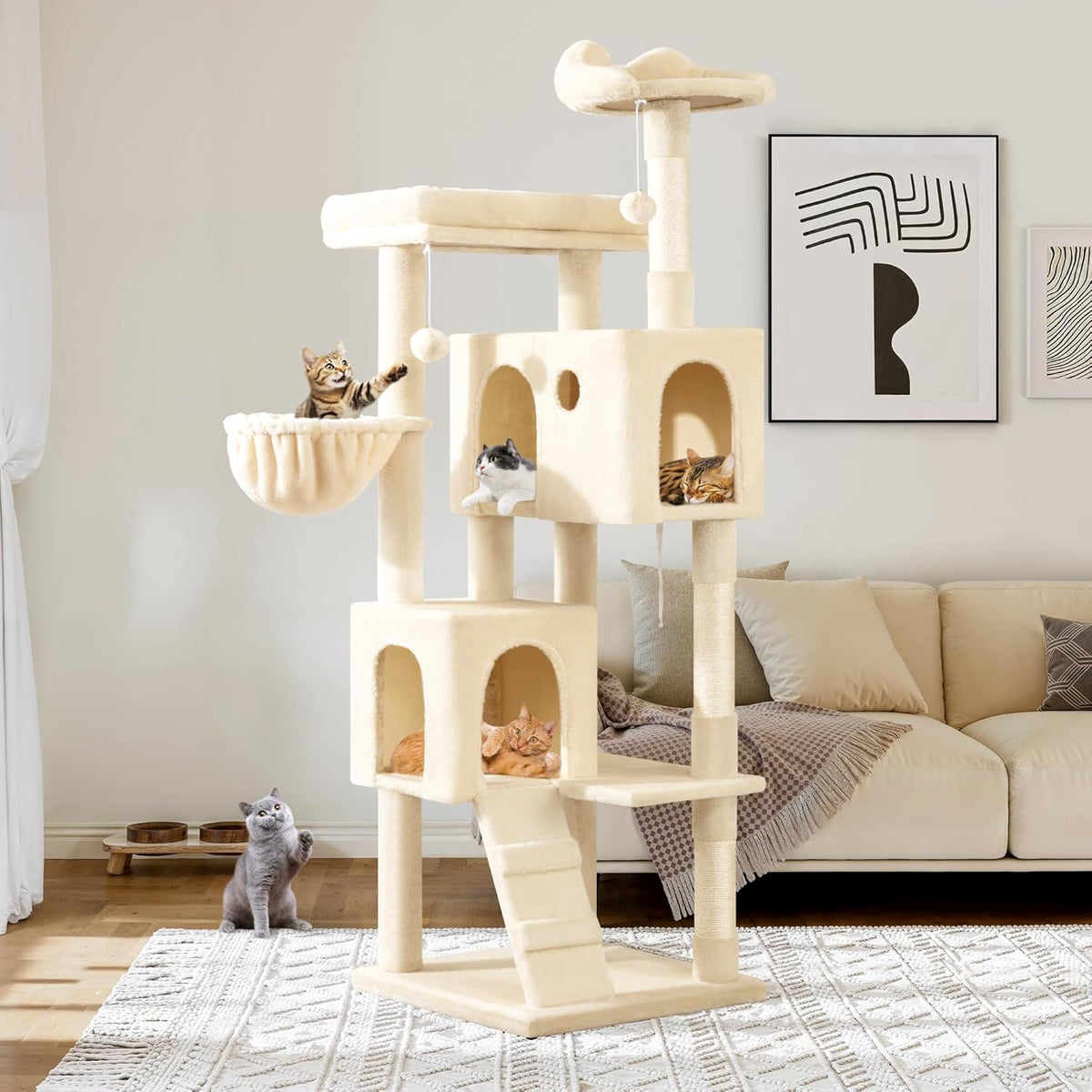 Allewie 64 Inches Cat Tree Tower/Multi-Level Activity Center for Indoor Big Felines/2 Plush Condos/2 Perchs/Basket/House/Sisal Scratching Posts/Hanging Cat Toys/Beige