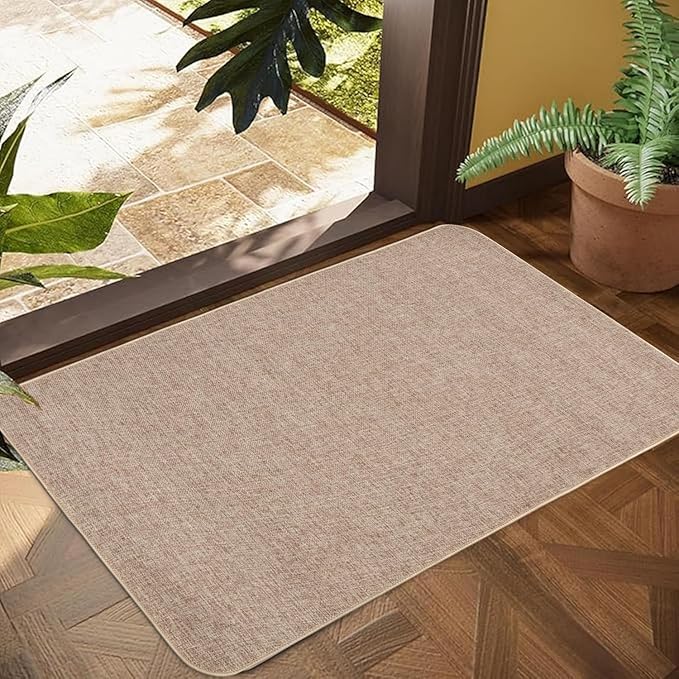 Indoor Door Mat, 1/10 in Ultra Thin Door Mat, Non-Slip Natural Rubber Backing Inside Doormat, Washable, Low-Profile Entrayway Mats, Durable Dirt Trapper for Various Entrance, 35''X24'', Khaki