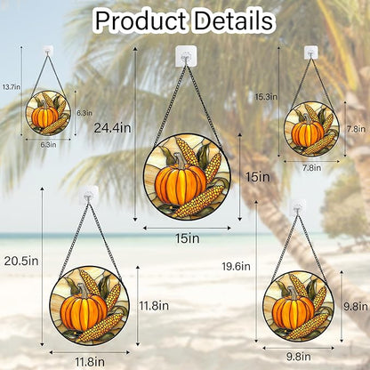 Stained Glass Window Hanging Autumn Harvest Pumpkin Corn 6.3" - Suncatcher Door Garden Kitchen Sunroom Sun Catcher Fall Home Decor Birthday for Mom Grandma Men Woman