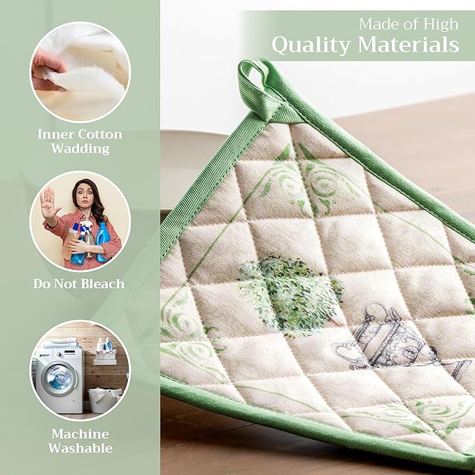 Maison d' Hermine Pot Holders 100% Cotton Heat Resistant Potholders 8" x 8" Hot Pads with Loop BBQ, Cooking, Baking, Grilling, Kitchen, Handling Hot Pans Spring/Summer (Pack of 1, Jardin Du Roy)