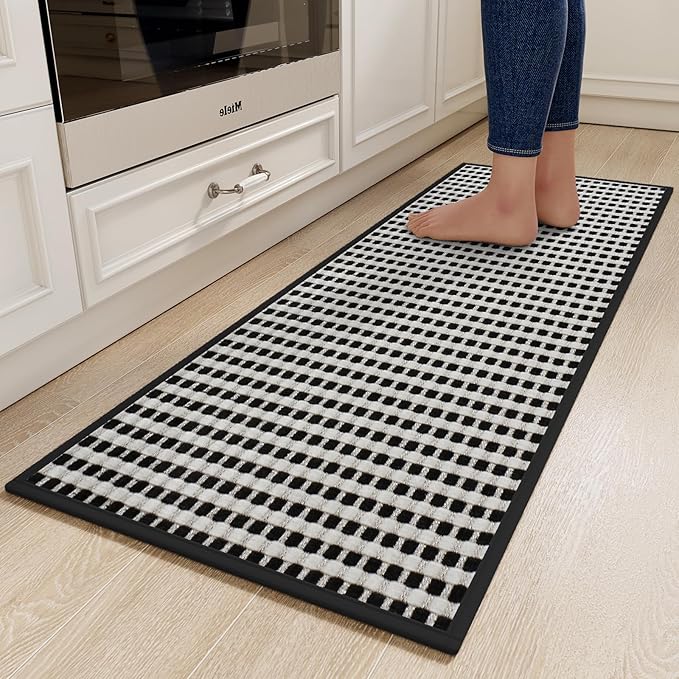 Kitchen Runner Rugs Non Slip Washable, Super Absorbent Soft Chenille Braided Kitchen Mats for Floor Rubber Backing Sink Mat Standing Hallway Floor Mat, Easy Clean, Black 17"x59"