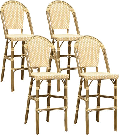 PURPLE LEAF French Bar Stool Set of 4 Bamboo Print Finish Patio Bar Stools with Back Rattan Bar Chairs Wicker Bar Height Stool 30" with Footrest Kitchen Island Stools Outdoor Barstool Cream Yellow