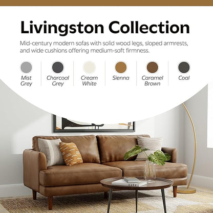 SIMPLIHOME Livingston 76-inch Wide Sofa in Caramel Brown Top Grain Genuine Leather, Handcrafted Mid-Century Modern Loveseat for Living Room, Compact 2-Seater with Feather-Wrapped Cushions