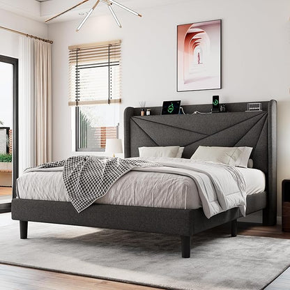 Queen Size Upholstered Bed Frame with Charging Station, Platform Bed Frame with Storage Headboard, Solid Wood Slats Support, No Box Spring Needed, Dark Gray