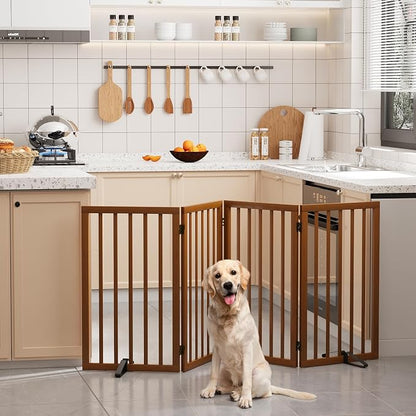 32" H Extra Tall Freestanding Dog Gates Indoor, 4-Panel Bamboo Wood Door Gates for Pets with 2 Metal Stands and 360°Hinge, Folding Pet Barrier for Stairs, Doorways, Kitchen 74" W x 32" H - Walnut