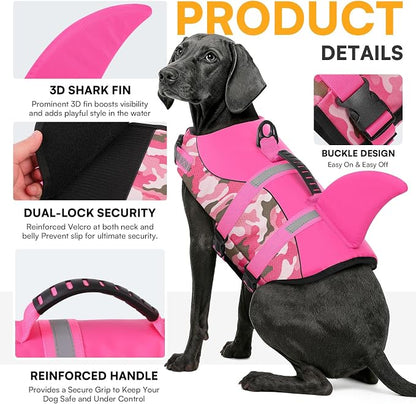 Dog Life Jacket Ripstop Dog Shark Safety Vest Adjustable Preserver with High Buoyancy and Durable Rescue Handle for Small,Medium,Large Dogs, Pink Camouflage X-Large