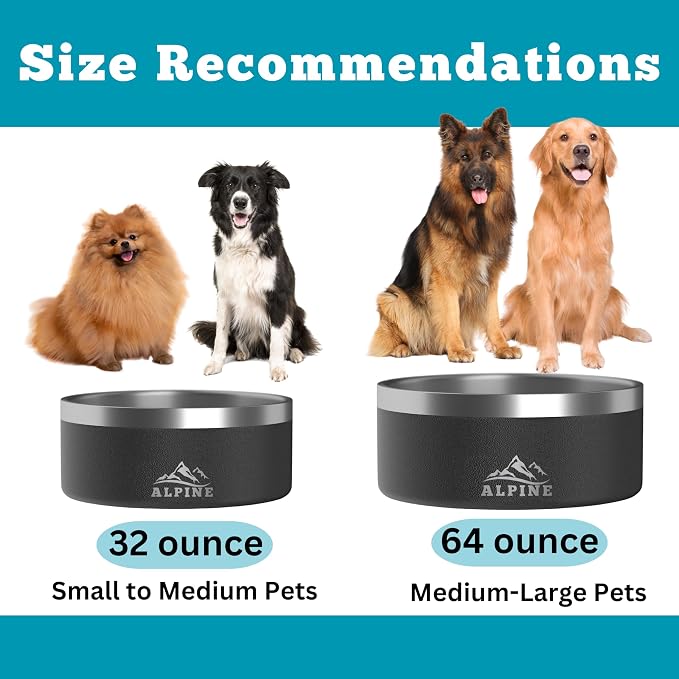 ALPINE Set of 2 Stainless Steel Dog Bowls, Non Slip, Metal Pet Bowl for Food and Water, Double Walled Insulated, Rustproof, Dishwasher Safe (64 oz, Pink)