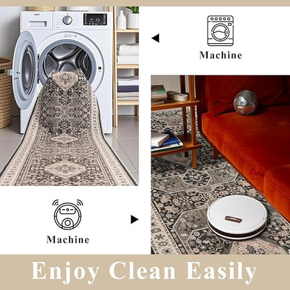 RUUGME 2x5 Kitchen Runner Rug - Indoor Washable Entryway Hallway Rugs with Non Slip Backing Low Pile Stain Resistant Carpet for Bedroom Soft Vintage Home Decor Floor Mat for Bathroom Laundry 2x5 Black