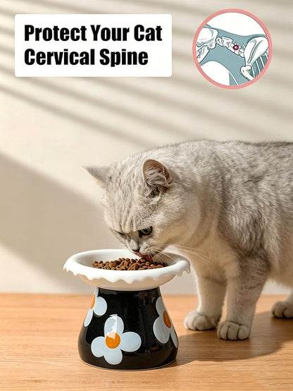Mushroom Elevated Cat Bowls Ceramic, Cute Cat Bowls Whisker Fatigue | Raised Cat Bowl for Indoor Cats, Raised Dog Bowls Stand for Food and Water, White 5.8" Wide for Adult Cats