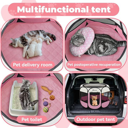 Persure Dog Cat Pet Playpen Puppy Crate Cage for Indoor Outdoor Travel | Nursing Rest Zone Recovering Pet Quarantine Room Portable Pop Up Easy to Set up lightweight Bag (Pink with Pad, Medium)