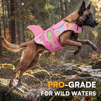 Dog Life Jacket, Dog Life Vest for Swimming, Doggie Shark Swimming Vest with Rescue Handle, Adjustable Reflective Pet Lifesaver Preserver for Small Dogs, Pink Donut S