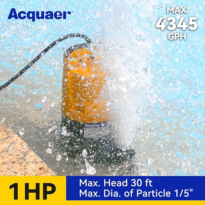 Acquaer 1HP Sump Pump, 4345GPH Submersible Water Pump for Water Removal in Hot Tubs, Pools, Basements, and Garden Ponds