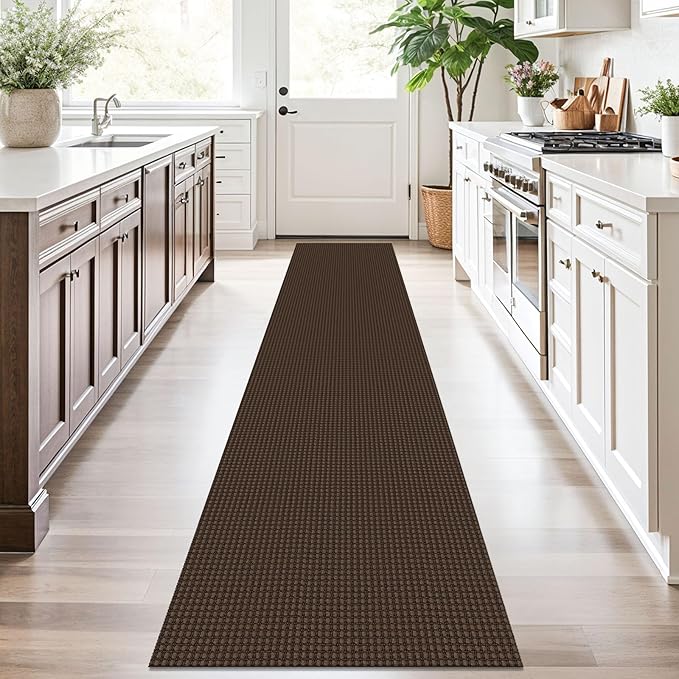 KOZYFLY Runners for Hallways 2x10 ft Washable Kitchen Runner Non Slip Rubber Backed Hallway Rugs Cotton Entryway Runner Rug Floor Carpet for Indoor Hall, Backdoor, Kitchen, Reddish Brown/Coffee