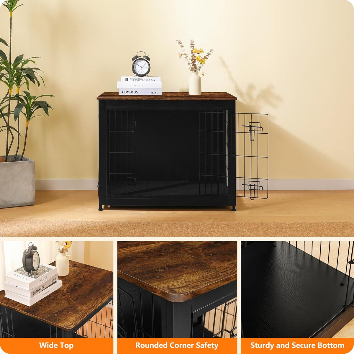 DWANTON Dog Crate Furniture with Cushion, Wooden Kennel Table with Double Doors, Indoor Dog House, Medium Size, 32.5" L, Black+Rustic Brown