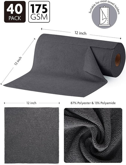 Fantasticlean Microfiber Cleaning Cloth Roll -40 Pack, Tear Away Microfiber Towels, 12" x 12", Reusable, Washable, Scratch Free, Ultra Absorbent for All-Around Cleaning Supplies (DimGrey)